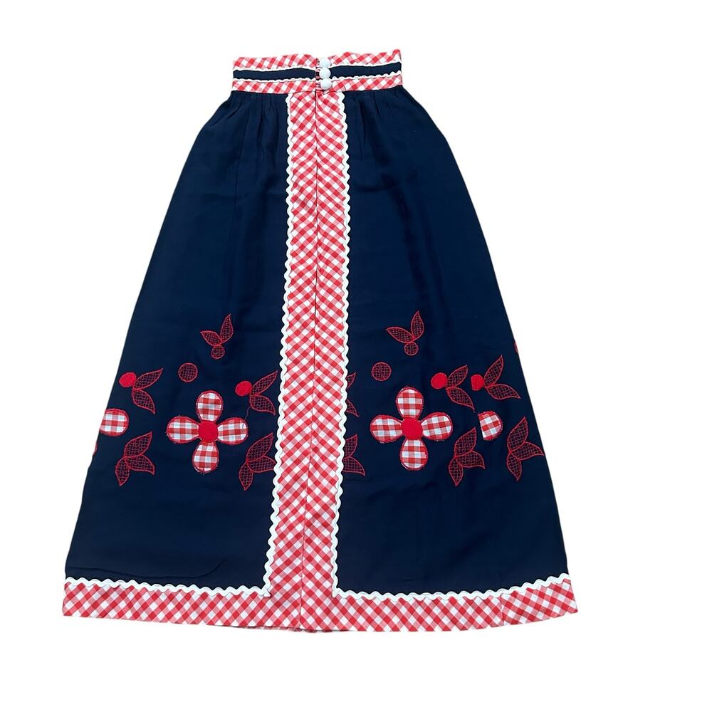 Vintage 70s Mod Folk Maxi Skirt Navy Gingham Floral Applique High Waist XS S -